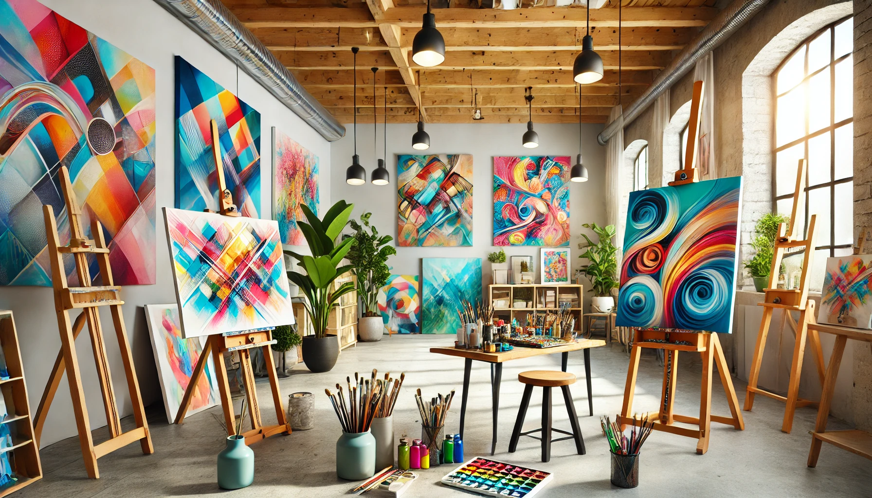 A vibrant art studio showcasing Fran Candelera’s works, with colorful canvases and modern artistic tools.