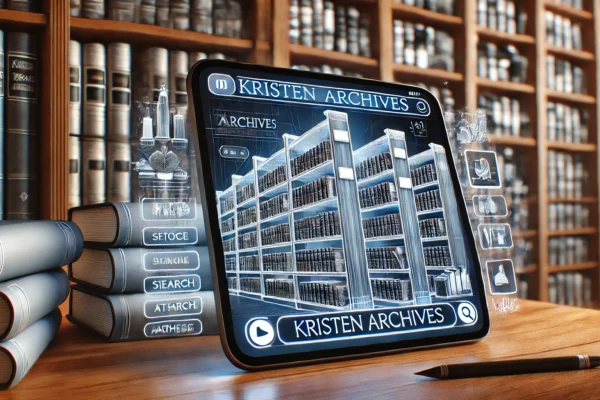 digital library representing kristen archives with shelves of books and a modern online interface.