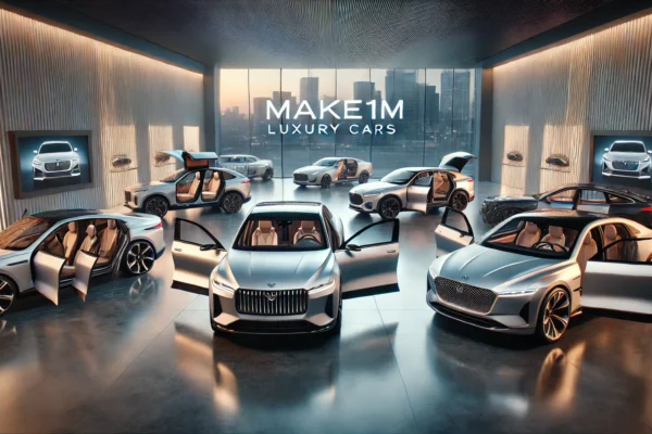 make1m luxury cars parked in a modern showroom, showcasing their sleek designs and opulent features.