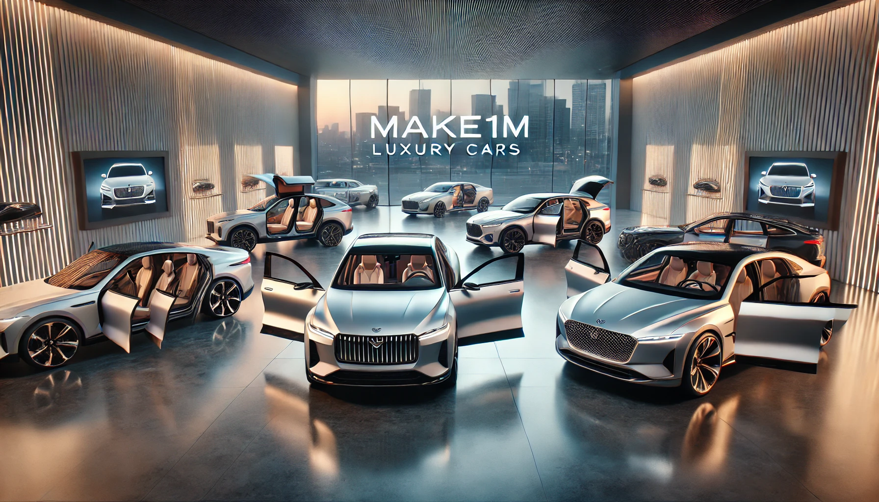 make1m luxury cars parked in a modern showroom, showcasing their sleek designs and opulent features.