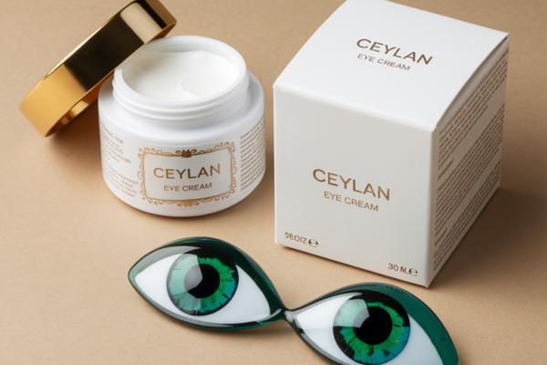 Ceylan eye cream container and packaging, skincare benefits, anti-aging eye cream.