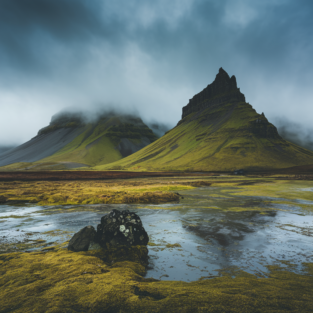 A mystical Icelandic landscape representing the essence of örviri, with mountains, mist, and a folkloric aura.