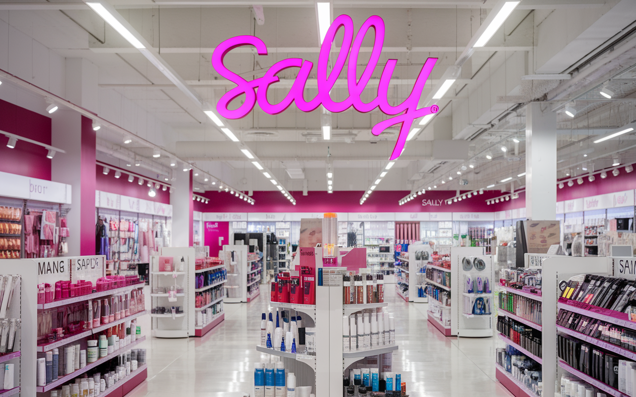 Shelves of diverse beauty products at a Sally Beauty store, featuring haircare and skincare items.