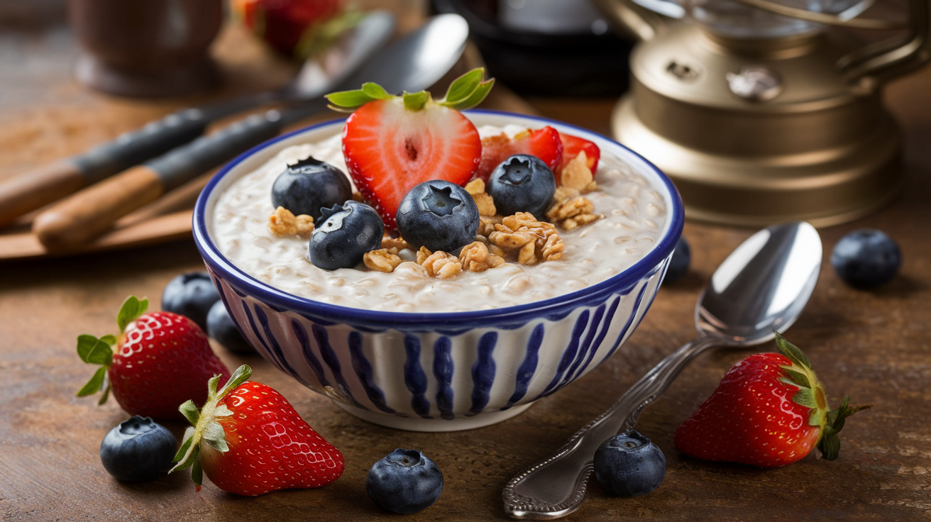 Cream of Wheat with fresh fruit toppings and a spoon on a rustic table.