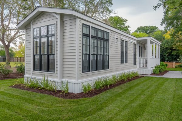 A beautifully renovated mobile home exterior featuring modern siding and a well-manicured lawn.