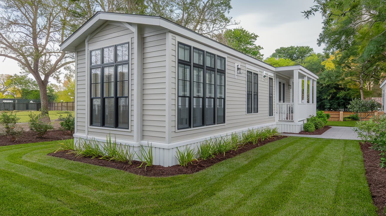 A beautifully renovated mobile home exterior featuring modern siding and a well-manicured lawn.