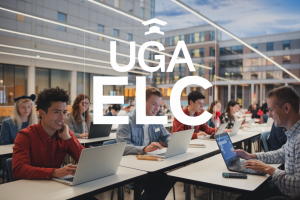 eLearning interface representing uga elc with students using laptops