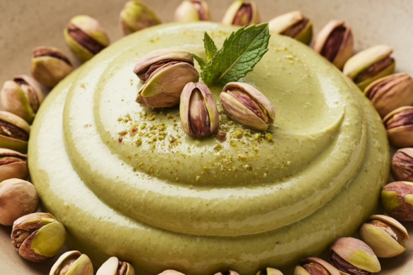 pistachio cream surrounded by fresh pistachios and bread slices.