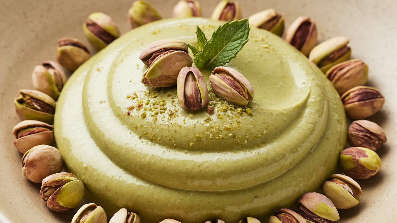 pistachio cream surrounded by fresh pistachios and bread slices.