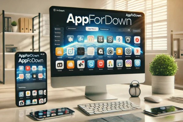 A modern digital interface showcasing appfordown, featuring app icons, tools, and a user-friendly design on a desktop and mobile screen.