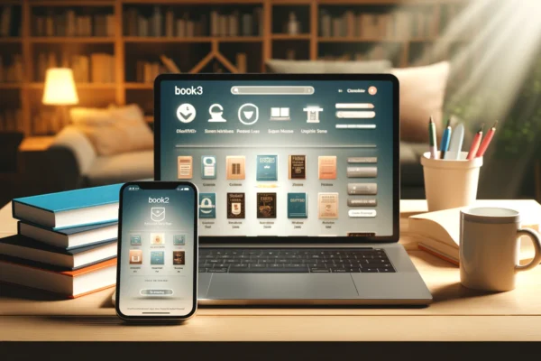 A digital platform interface showcasing book32 with book icons, reading tools, and a modern, user-friendly design on a desktop screen.